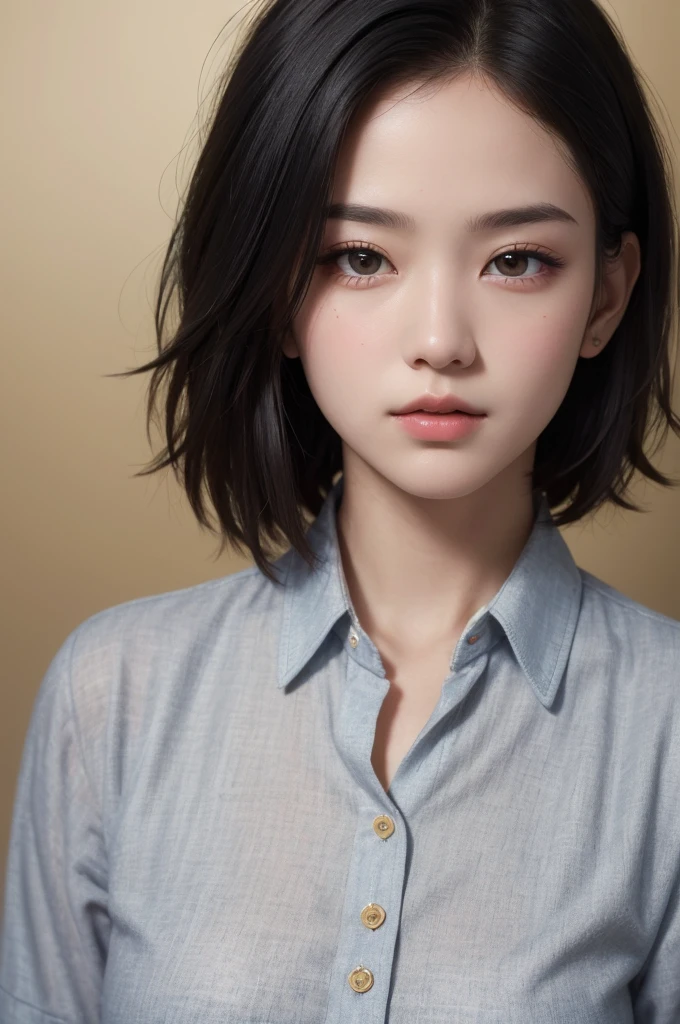 Highest quality、masterpiece、超High resolution、(Realistic:1.3)、RAW Photos、(One girl), Beautiful Face, (Realistic Face), (Black Hair、short hair:1.3), Beautiful Hairstyles, Realistic eyes, Beautiful fine details, (Realistic Skin), Beautiful Skin, (shirt), Confused, charm, 超High resolution, Ultra-realistic, High resolution, Golden Ratio、Mr.々Background