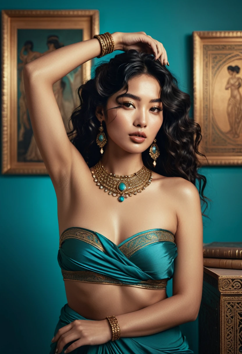 (A half-asian, asian-european, woman with black wavy hair in the style of a greek goddess. bronze skin. Aphrodite, goddess, divine aura) (teal and bronze colours) (high contrast background) (wearing ancient jewellery on upper arms, neck, wrists, fingers) (polaroid camera) (RAW photo, nikon, 8k, Super detailed, advanced details, intricate details, Super detailed) (award-winning photo, masterpiece) (on a deserted Mediterranean beach) (walking away from the viewer into the sea, letting her clothes fall to the water) (showing her round ass) (foot prints on the sand, ) ((shot from behind))