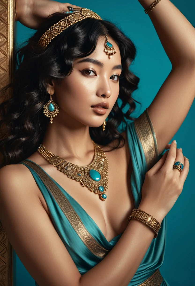 (A half-asian, asian-european, woman with black wavy hair in the style of a greek goddess. bronze skin. Aphrodite, goddess, divine aura) (teal and bronze colours) (high contrast background) (wearing ancient jewellery on upper arms, neck, wrists, fingers) (polaroid camera) (RAW photo, nikon, 8k, Super detailed, advanced details, intricate details, Super detailed) (award-winning photo, masterpiece) (in a islamic art inspired library) (flashing naughtily, cheeky and seductive expression) (showing her womanly curves)