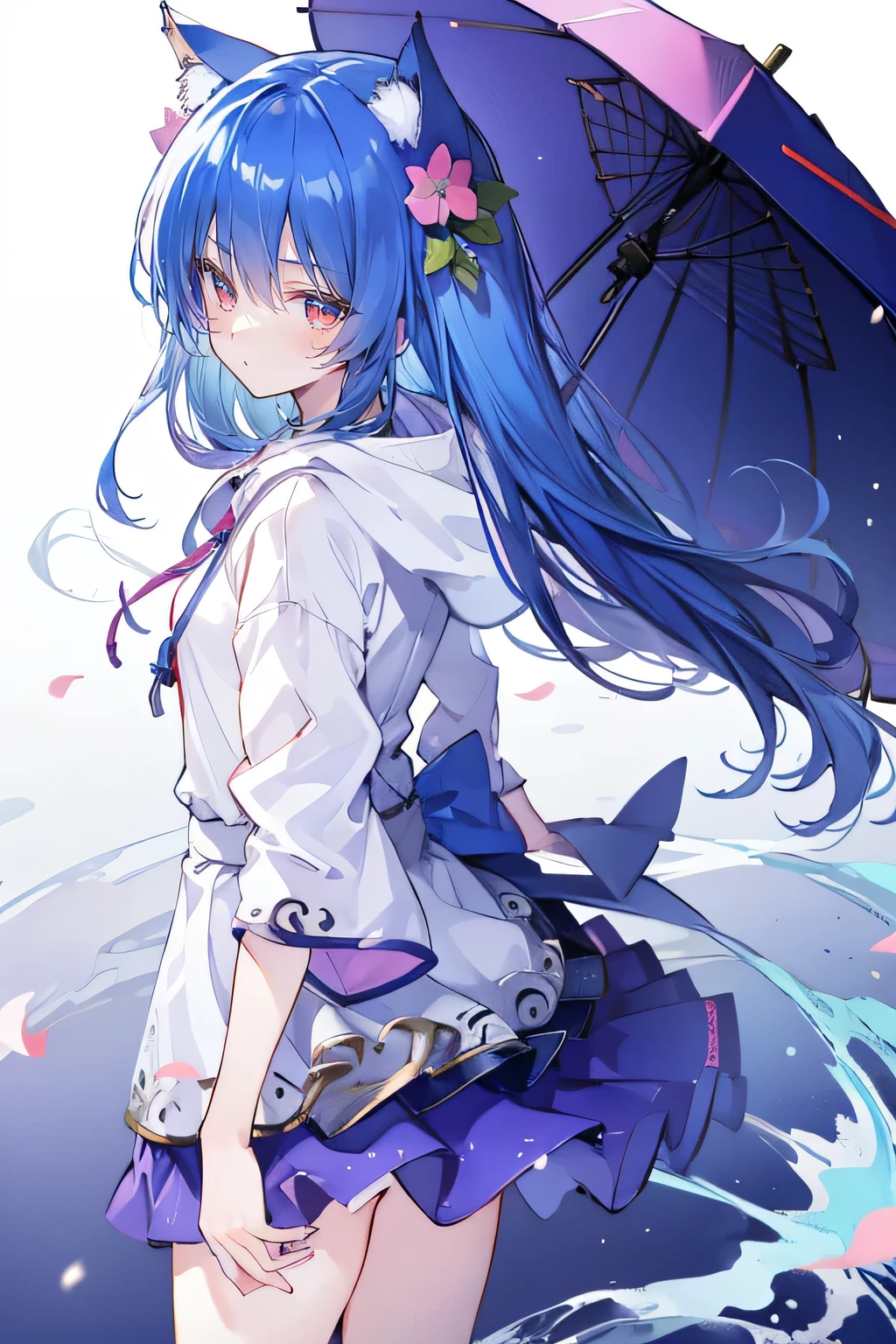 (masterpiece:1.2),Super detailed,lifelike,Expressive eyes,fair skin,perfect face shape,1 girl,
Japanese comics,Gorgeous blue hair,flowing blue hair,flowing clothes,Cat ears,Petals fall,beautiful lola,Baby Angel,
Shaking head with one hand,Cross your legs,Gentle and peaceful background,The pavilion is cool and comfortable,smile, wearing hoodie, background of tokyo,back views,snowing, winter,Angel Wings。