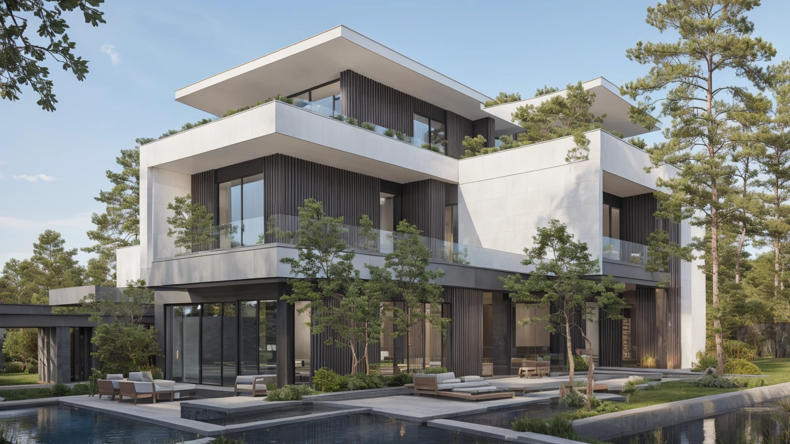 RAW photo, subject, 8k uhd, dslr, soft lighting, high quality, film grain, Photo of a modern villa, modern architecture, simple facade, glass railing, trees, skylight, palm tree, gray stone walling,  wooden, (realistic:1.4), (masterpiece:1.4), ceiling wood, (white painted wall:1.3), (daylight:1.4), (sunlight:1.4) yard, grass