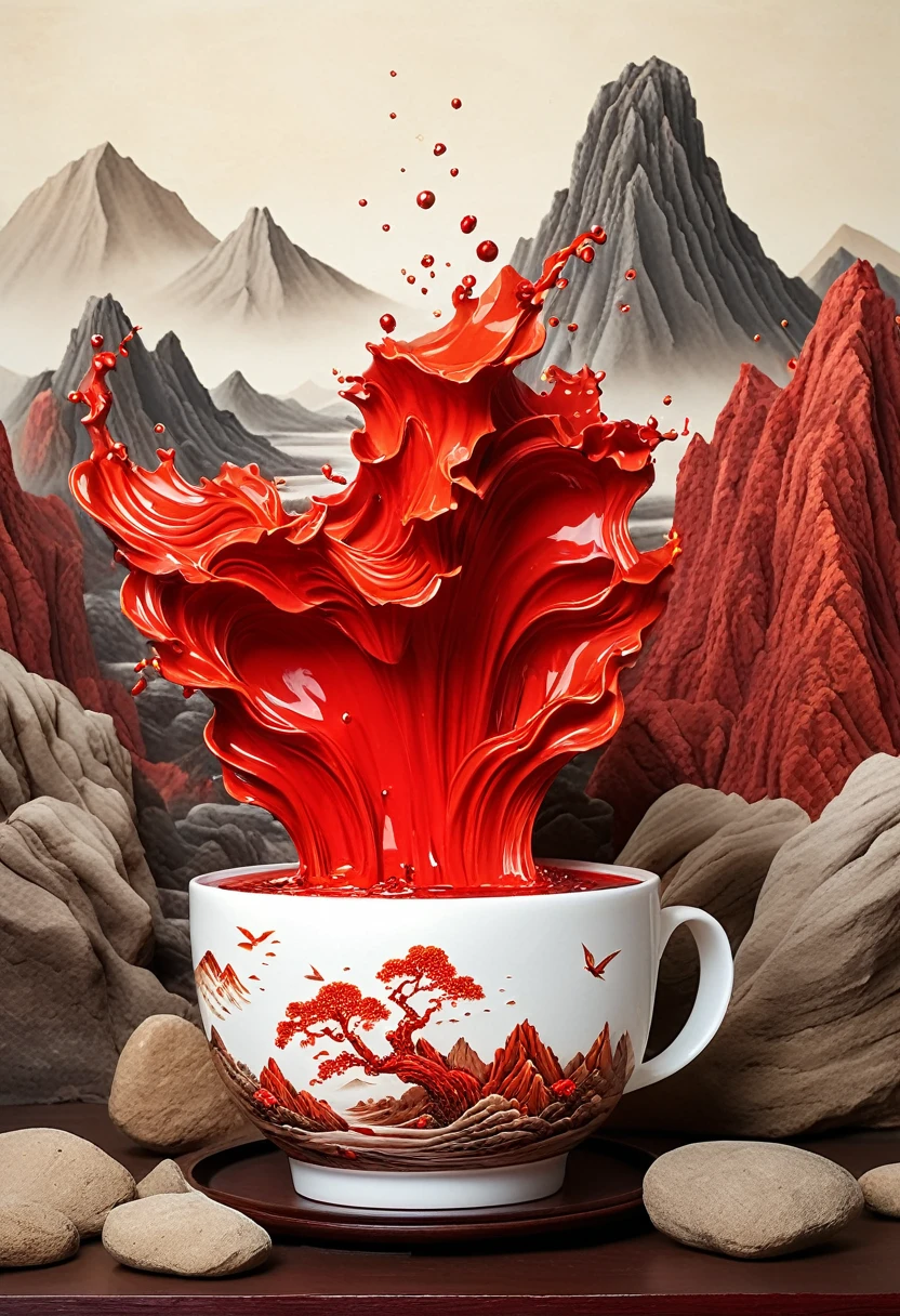 (masterpiece, high quality, best quality, official art, Beauty and aesthetics: 1.2), Milk tea cup, (a volcano erupts,Red magma flowes),Rocks all around, Splashing water spray, (Chinese Landscape Paper Sculpture, Chinese Song Dynasty Landscape Painting: 1.2), (Surrealistic dream style), Light tracing, Ambient Occlusion, hazy, Natural light, limestone, Gel resin sheet, oc rendering,