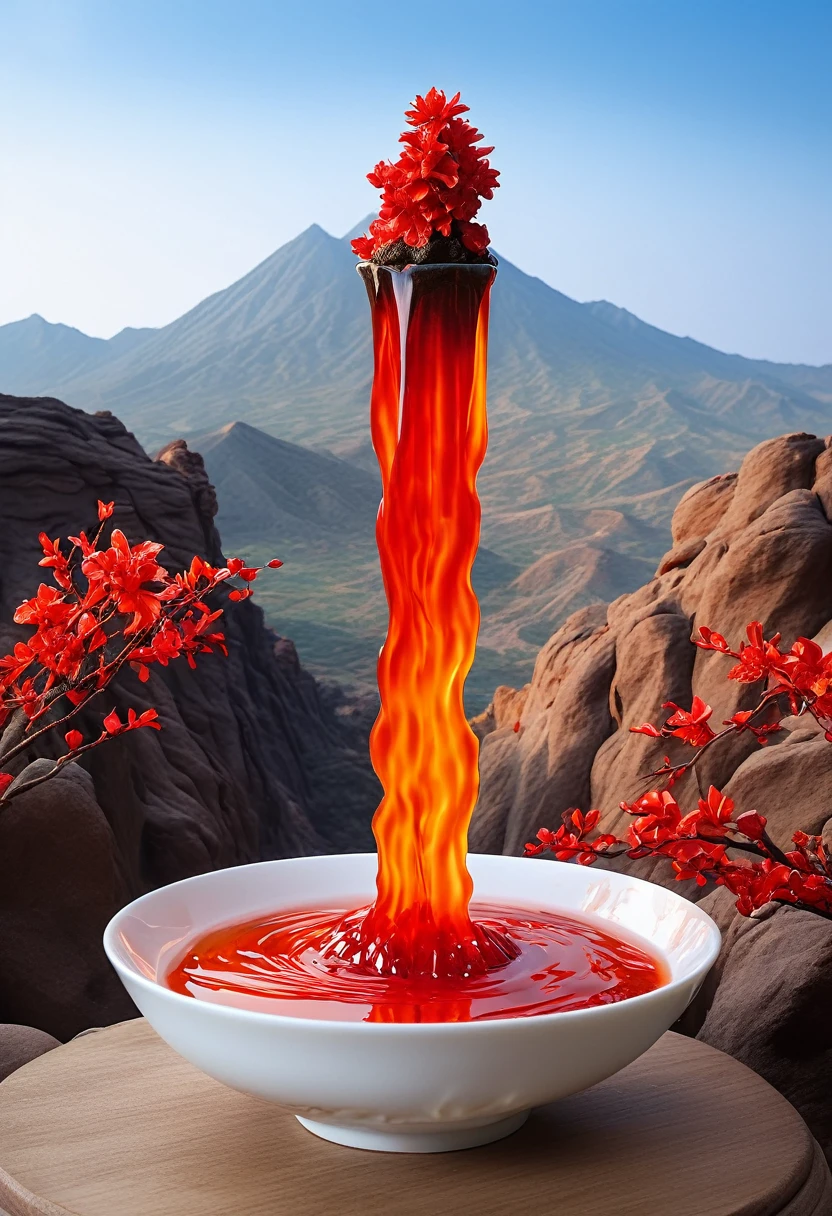 (masterpiece, high quality, best quality, official art, Beauty and aesthetics: 1.2), Milk tea cup, (a volcano erupts,Red magma flowes),Rocks all around, Splashing water spray, (Chinese Landscape Paper Sculpture, Chinese Song Dynasty Landscape Painting: 1.2), (Surrealistic dream style), Light tracing, Ambient Occlusion, hazy, Natural light, limestone, Gel resin sheet, oc rendering,