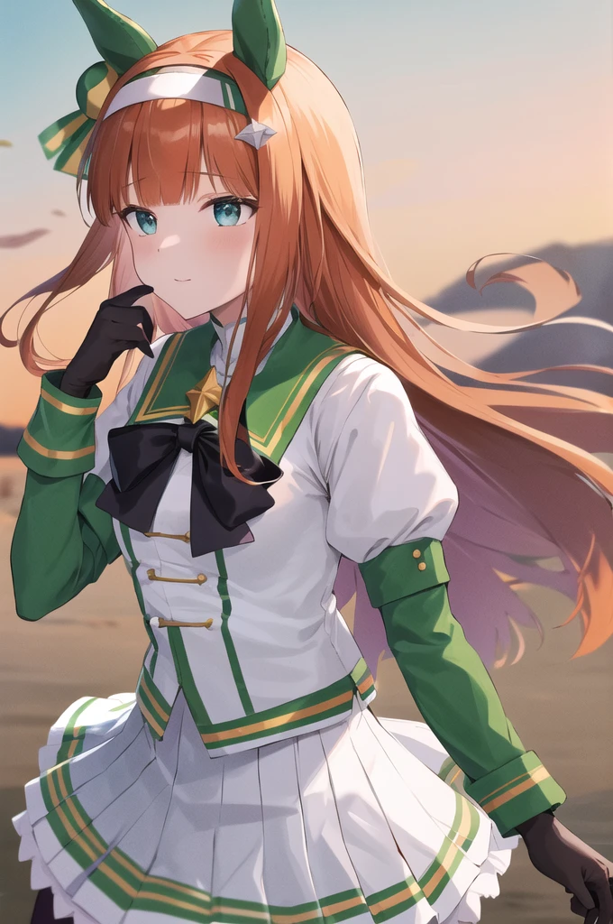 best quality, highest quality, 4K,aasuzuka, (NSFW:1.5), (sex:1.5), (sex:1.5) (intercourse with man:1.5), jacket lift, small breast, grin, (vaginal penis:1.5), (cum on body:1.5), (cum on hair:1.5), long hair, animal ears, ear covers, white hairband, horse tail, green sailor collar, black bow, white shirt, layered sleeves, green sleeves, black gloves, white skirt, black pantyhose, on bed