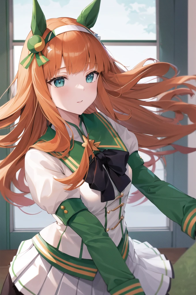best quality, highest quality, 4K,aasuzuka, long hair, animal ears, ear covers, white hairband, horse tail, green sailor collar, black bow, white shirt, layered sleeves, green sleeves, black gloves, white skirt, black pantyhose
