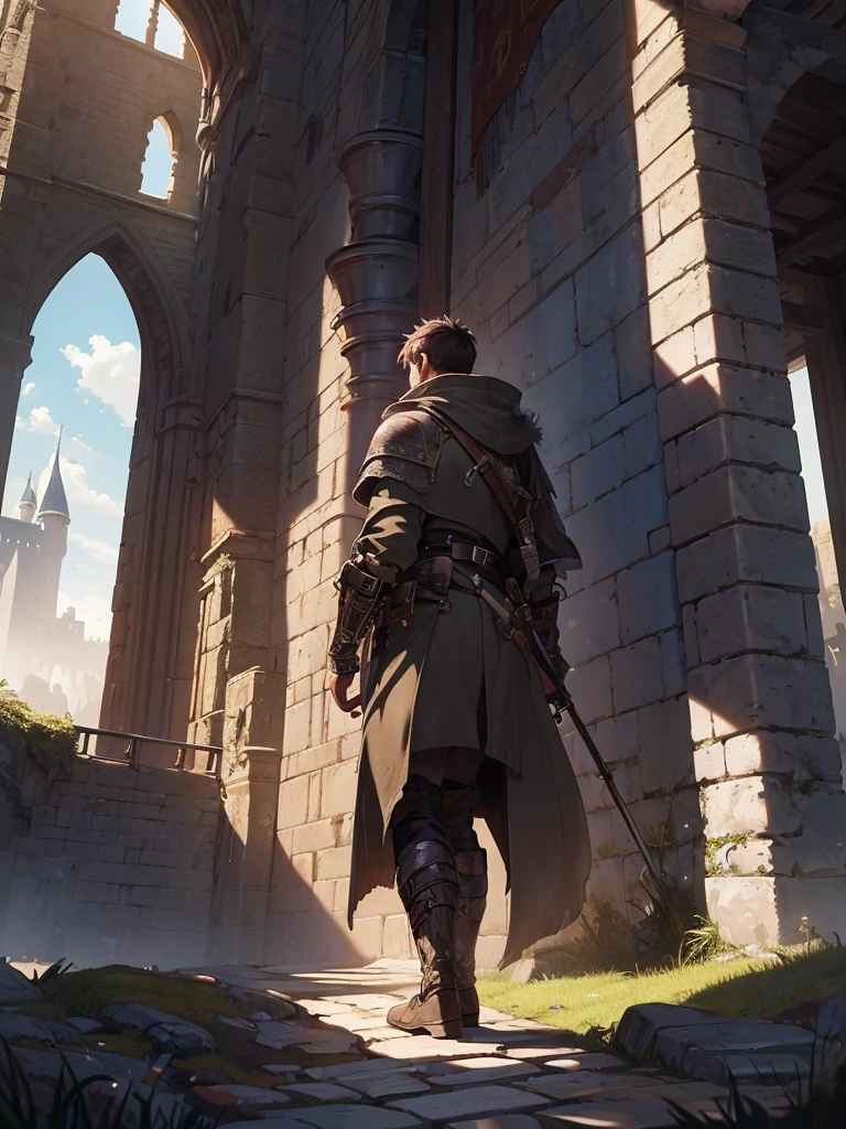 (masterpiece、top-quality、hight resolution), An adventurer standing in the wilderness outside the castle walls, looking up at the castle. The adventurer's back is facing the viewer, showcasing their rugged gear and weaponry. The castle walls and the majestic castle itself loom in the distance, with towers and battlements visible. The surrounding landscape is barren and harsh, emphasizing the journey the adventurer has undertaken to reach this point. The sky is vast, with perhaps a hint of dramatic clouds, adding to the sense of adventure and anticipation.