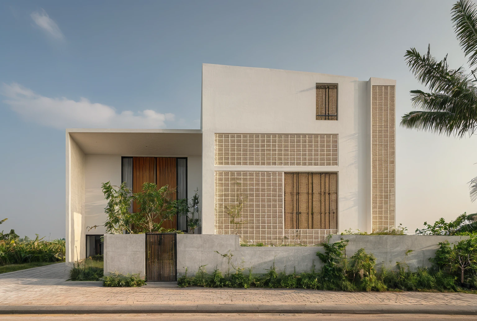 Raw photo,Masterpiece, high quality, best quality, authentic, super detail,
exterior, outdoors, house style modern on the street, glass windows, gate,
road,House on the corner of the street, pavement, trees, sky, cloud, (daylight:1.1)