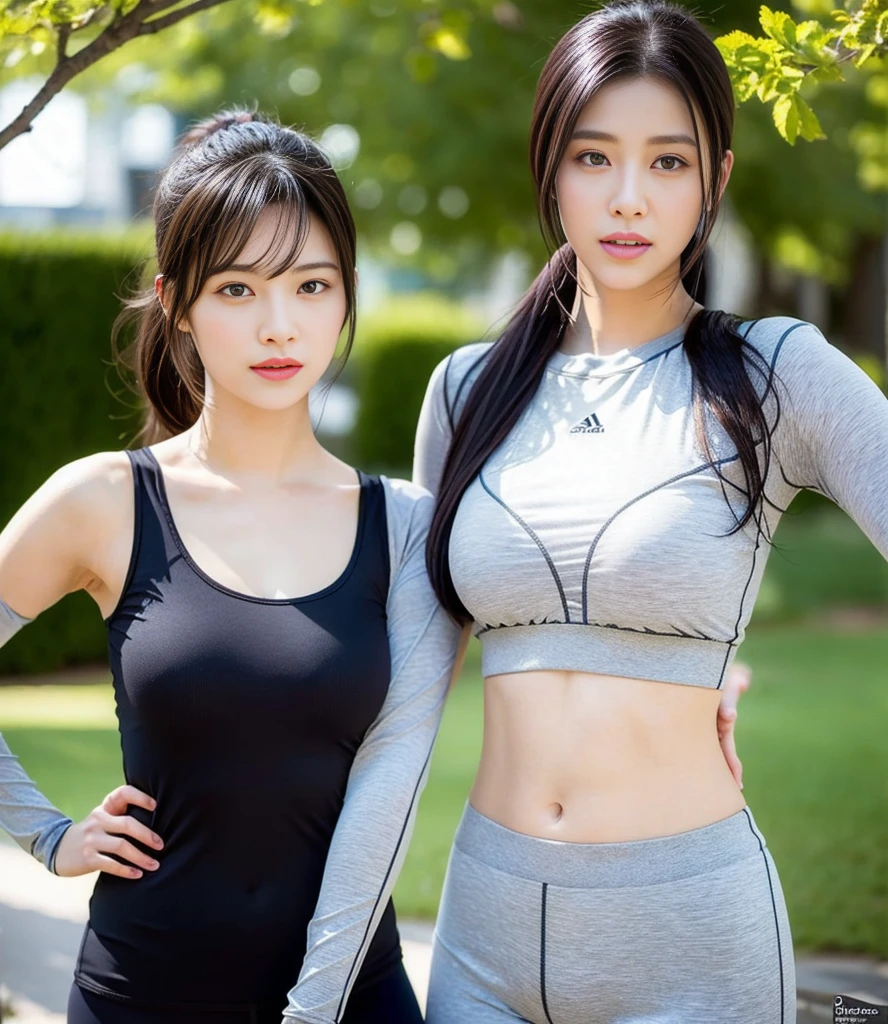 2 girls in the swimming pool, Navy blue short-sleeved shirt, unbuttoned loose opened clothes, showing nude breasts, Navy short thigt Trackpant,Sweatpants,sweatpants,25 year old girl, lesbian, sexy, exercise clothes, wet body