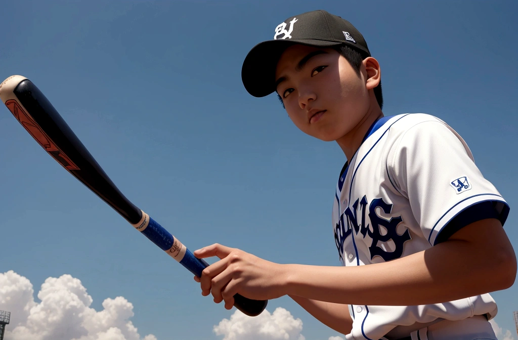 Koshien, blue sky, baseball boy holding a bat