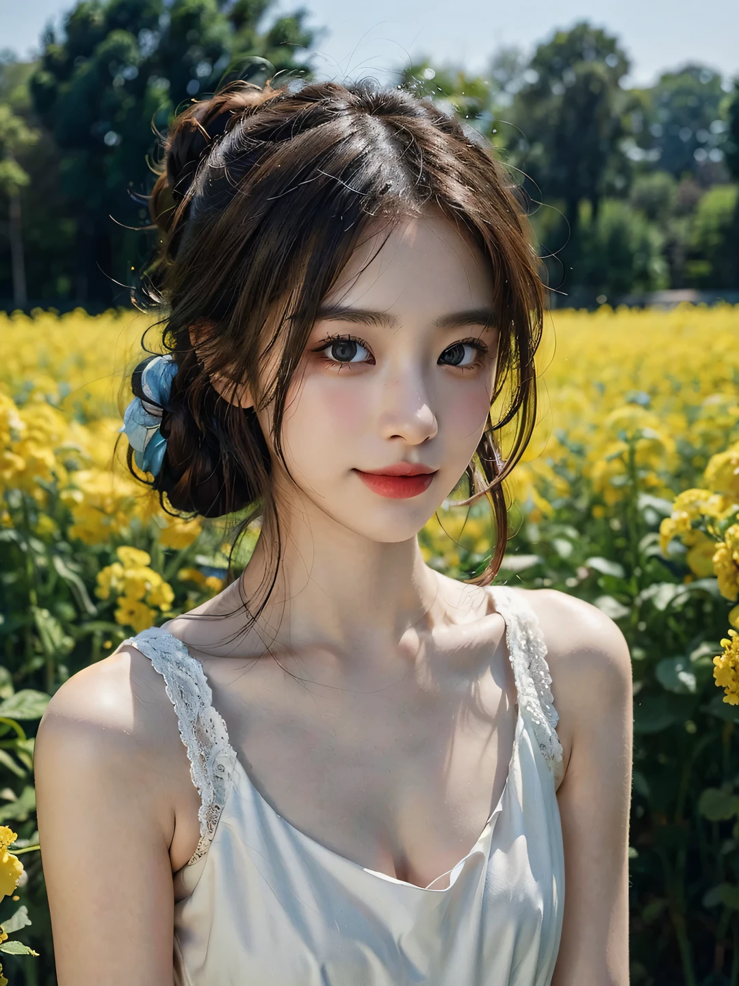 1girl, (looking at viewer:1.2), detail face, (a girl standing, rending on cgsociety, Rapeseed field backdrop), romanticism, atmospheric, (RAW photo, best quality), (realistic, photo-realistic:1.3), masterpiece, an extremely delicate and beautiful, extremely detailed, D cup,Cleavage,Translucent brown tube top1.5)Hair in a bun,Small and delicate earrings,Exquisite eye details,Charming smile 1.5