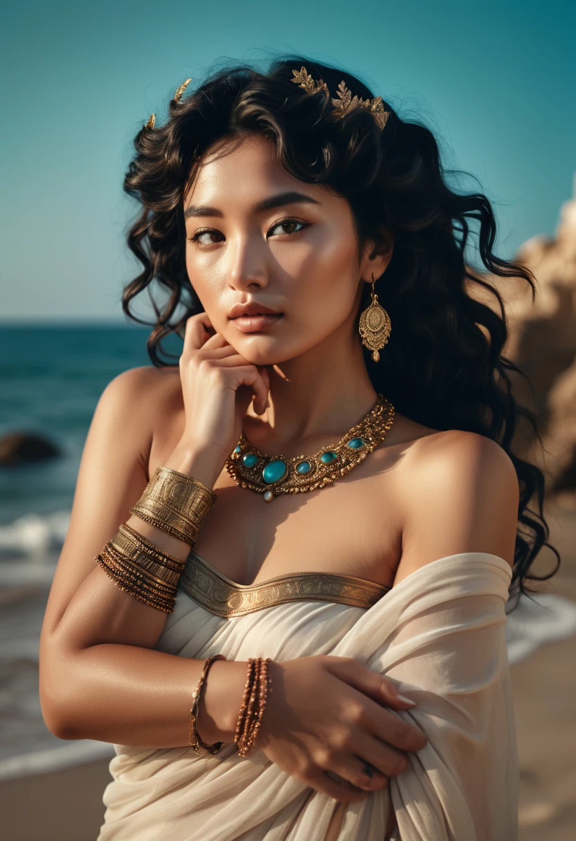 (A half-asian, asian-european, woman with black wavy hair in the style of a greek goddess. bronze skin. Aphrodite, goddess, divine aura) (teal and bronze colours) (high contrast background) (wearing ancient jewellery on upper arms, neck, wrists, fingers) (polaroid camera) (RAW photo, nikon, 8k, Super detailed, advanced details, intricate details, Super detailed) (award-winning photo, masterpiece) (on a deserted Mediterranean beach) (flashing naughtily, cheeky and seductive expression) (showing her womanly curves)