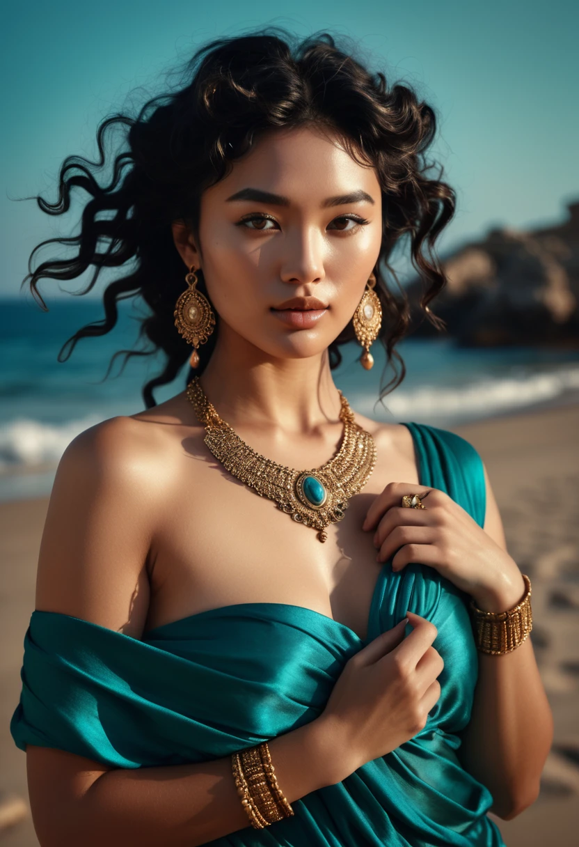 (A half-asian, asian-european, woman with black wavy hair in the style of a greek goddess. bronze skin. Aphrodite, goddess, divine aura) (teal and bronze colours) (high contrast background) (wearing ancient jewellery on upper arms, neck, wrists, fingers) (polaroid camera) (RAW photo, nikon, 8k, Super detailed, advanced details, intricate details, Super detailed) (award-winning photo, masterpiece) (on a deserted Mediterranean beach) (flashing naughtily, cheeky and seductive expression) (showing her womanly curves)
