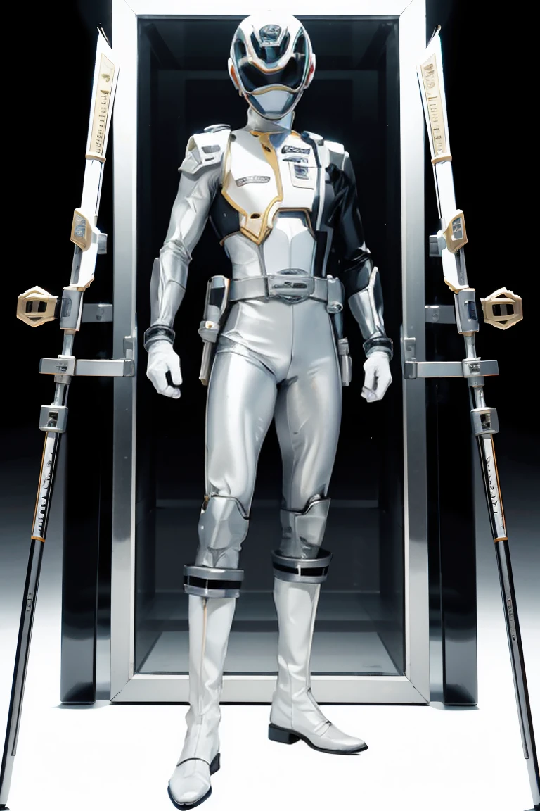 1boy, white, full body, Illustration, cinematic light, high resolution, best quality, ultra detailed, masterpiece, power suit, powerranger, suit, spd, (silver royal guard ranger suit)), gold detail