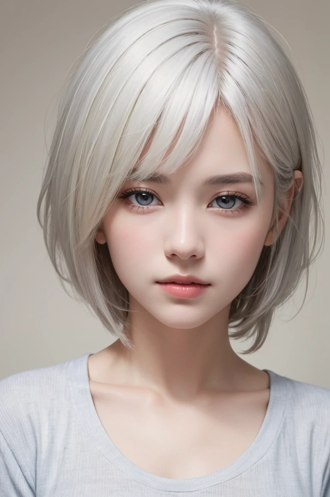 Highest quality、masterpiece、超High resolution、(Realistic:1.3)、RAW Photos、(One girl), Beautiful Face, (Realistic Face), (White Hair、short hair:1.3), Beautiful Hairstyles, Realistic eyes, Beautiful fine details, (Realistic Skin), Beautiful Skin, (shirt), Confused, charm, 超High resolution, Ultra-realistic, High resolution, Golden Ratio、Mr.々Background
