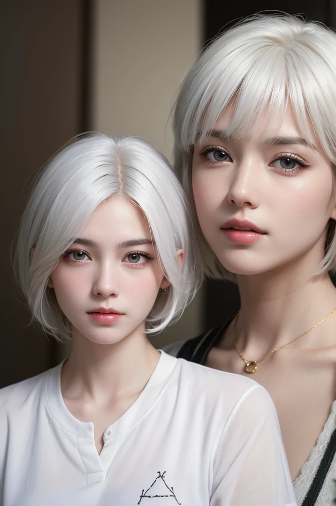 Highest quality、masterpiece、超High resolution、(Realistic:1.3)、RAW Photos、(One girl), Beautiful Face, (Realistic Face), (White Hair、short hair:1.3), Beautiful Hairstyles, Realistic eyes, Beautiful fine details, (Realistic Skin), Beautiful Skin, (shirt), Confused, charm, 超High resolution, Ultra-realistic, High resolution, Golden Ratio、Mr.々Background