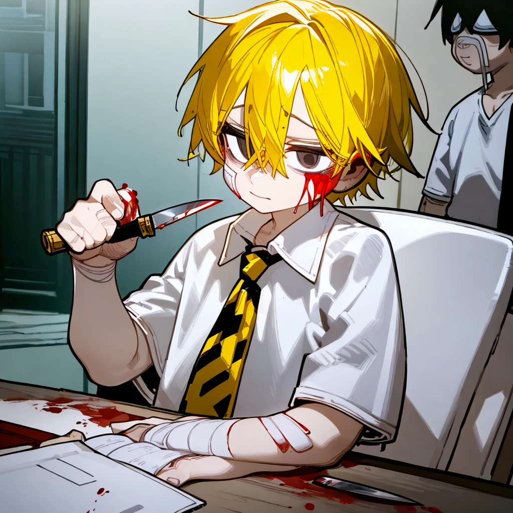 A man with yellow hair, mental issue, with lots of blood!!!!!!, wear a shabby white shirt, Night time, holding a knife , terrifying 