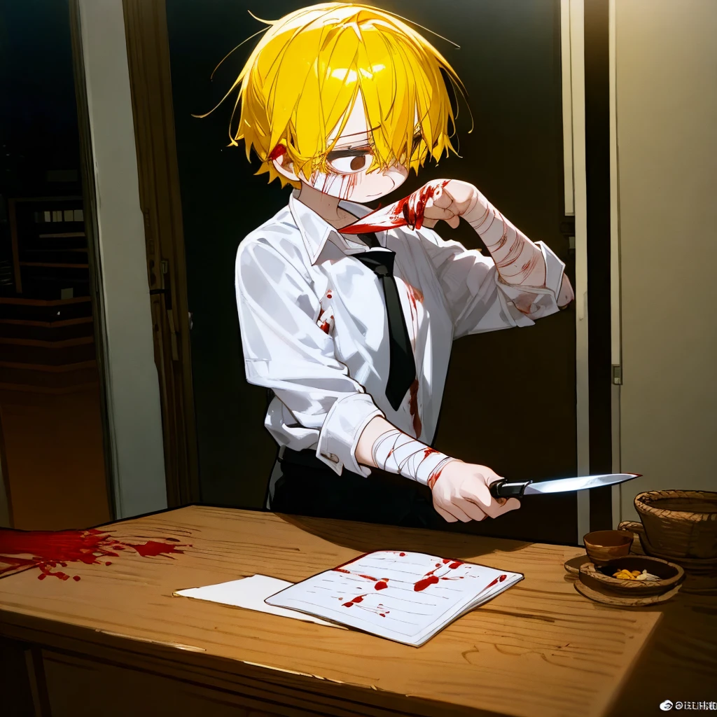 A man with yellow hair, mental issue, with lots of blood!!!!!!, wear a shabby white shirt, Night time, holding a knife , terrifying 