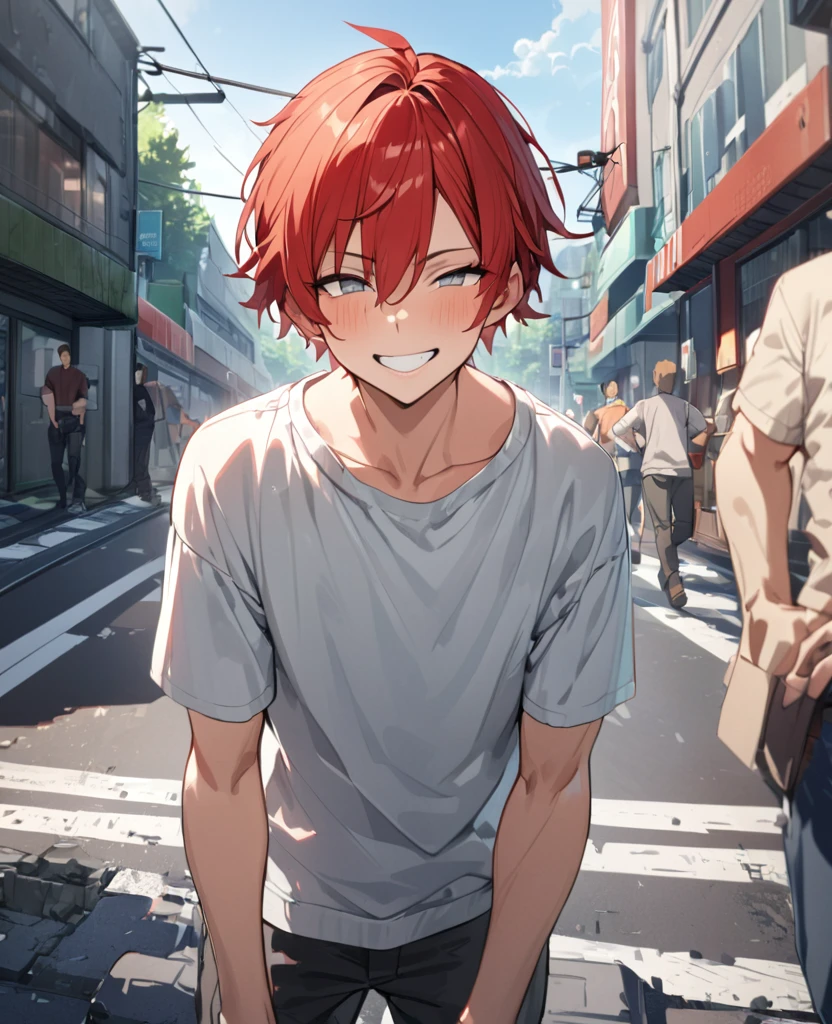 1 young man、Red hair、Hairstyle、Shortcuts、Grey Eyes、Slanted Eyes、Casual clothing、whole body、Are standing、Outdoor、asphalt, red hair, short hair, hair ribbon, grin, first-person view, UHD, super detail, high details