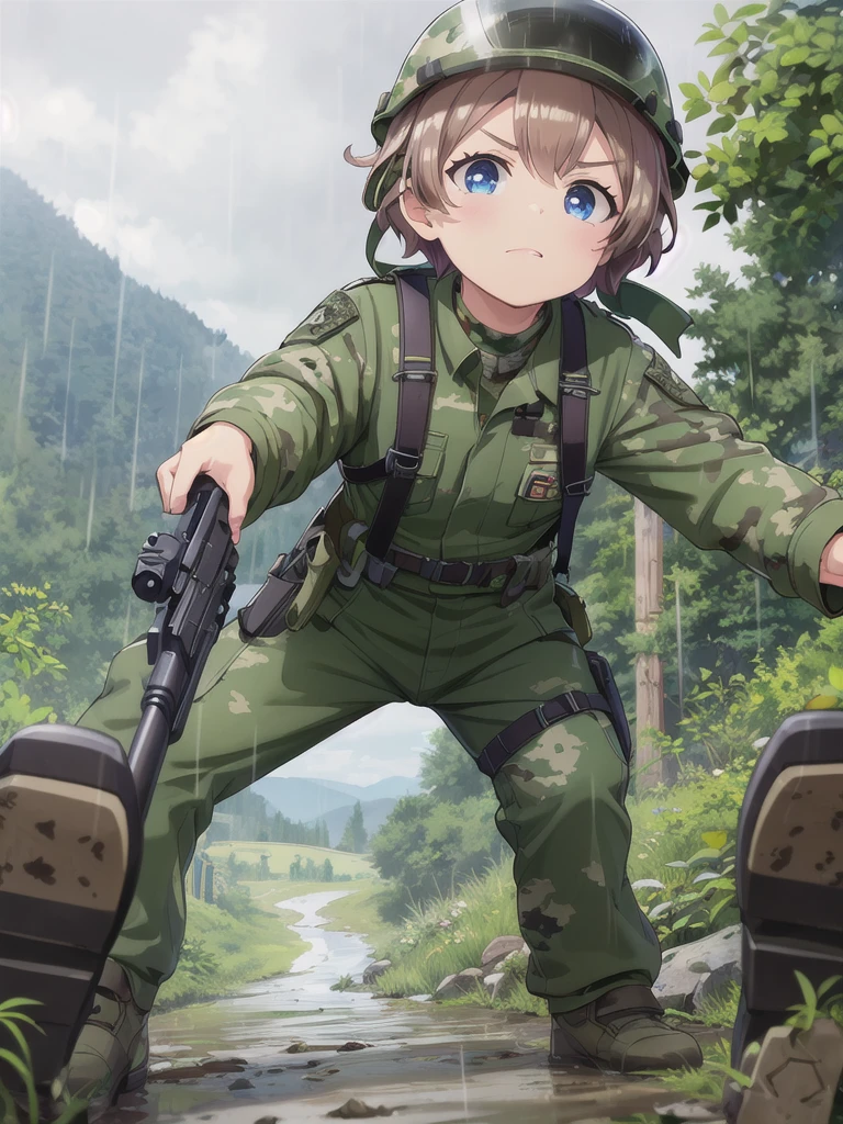 high quality,masterpiece,12 years old,blue eyes,Outdoor,顔 focus,Brown Hair, short hair, Military camouflage uniform,Green helmet,heavy rain,In the mountains,cloudy,Muddy clothes,He has a gun,Crawling on the ground,Point the gun this way,serious,Ruthless eyes,from below