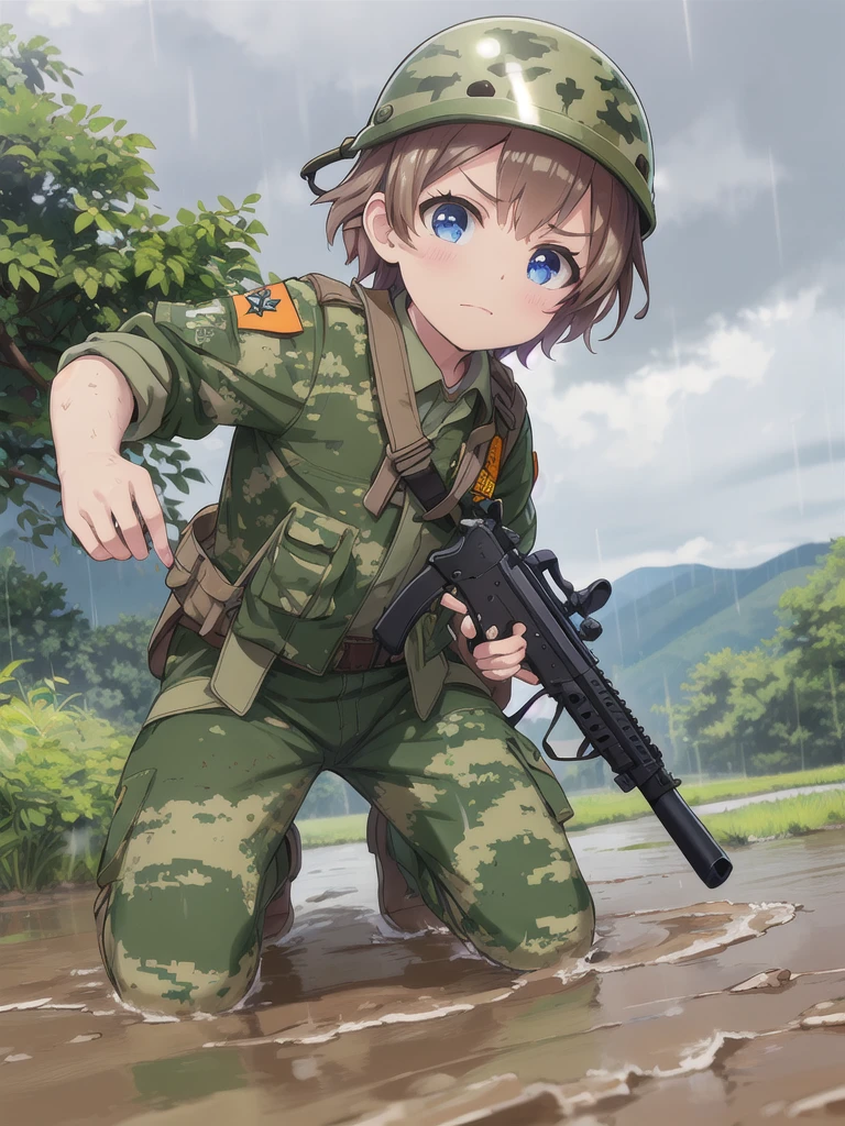 high quality,masterpiece,************,blue eyes,Outdoor,顔 focus,Brown Hair, short hair, Military camouflage uniform,Green helmet,heavy rain,In the mountains,cloudy,Muddy clothes,He has a gun,Crawling on the ground,Point the gun this way,serious,Ruthless eyes,from below