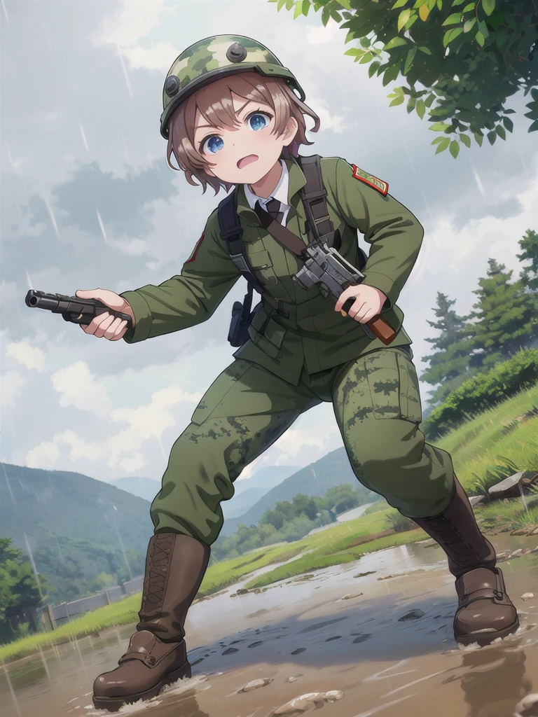 high quality,masterpiece,************,blue eyes,Outdoor,顔 focus,Brown Hair, short hair, Military camouflage uniform,Green helmet,heavy rain,In the mountains,cloudy,Muddy clothes,He has a gun,Crawling on the ground,Point the gun this way,serious,Ruthless eyes,from below