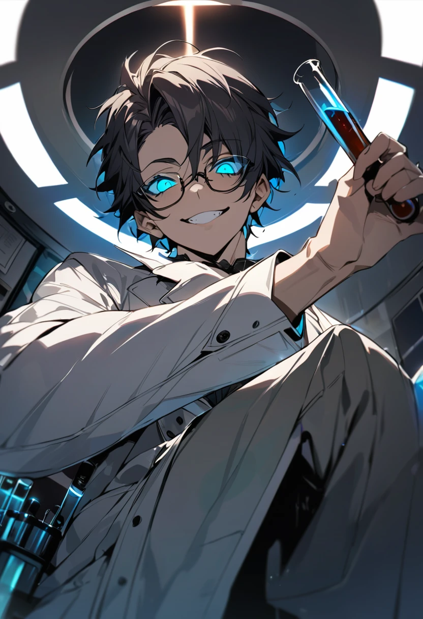(masterpiece, best quality), detailed face, solo, 1man, messy short hair, bishounen, mad scientist, scientist coat, glasses, lens flare, maniacal smile, sharp eyes, glowing eyes, holding science test tube, perspective from below, in laboratory, dark shadows, contrast, science, sinister