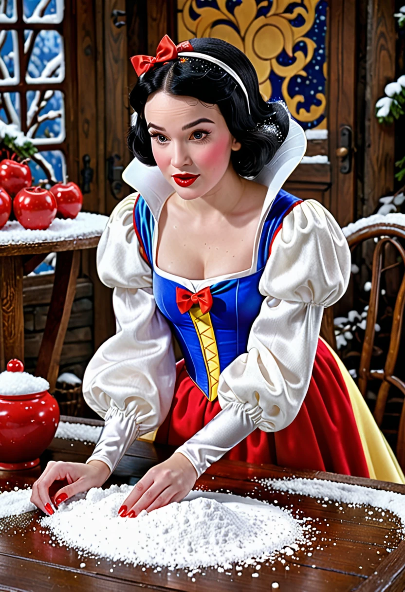 Snow White and 7 seven grams, real life scene, 7 grams of white powder, Snow White leans over the table, there is a pile of white powder on the table, Snow White has a tube in her hand, a tube of 100 $, (classic Snow White), (classic snow white outfit),