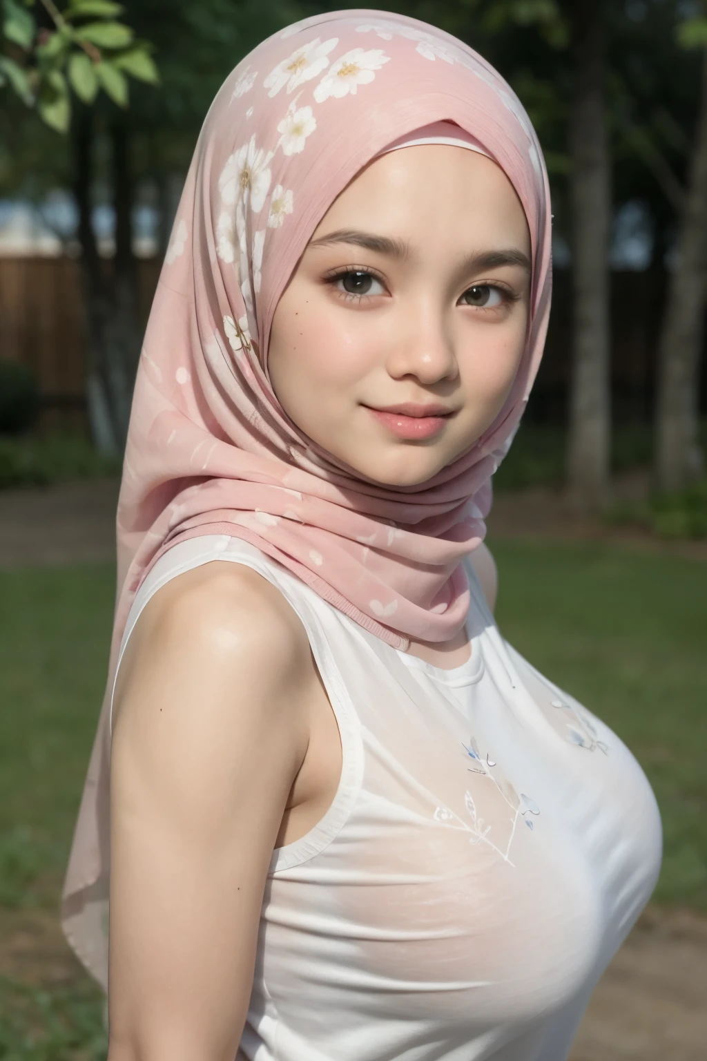 (Singlet), Chubby adorable, 1 girl, (face to face), , baby face, happy, half body portrait, (face details: 1), (eye details: 1), ((big breasts)). wearing transparent transparency soft long shirt, hijab, .. Cute posed. proportional body. Ultra High Res. realistic: 1.4, UHD, (floral pattern), view from side seductive pose