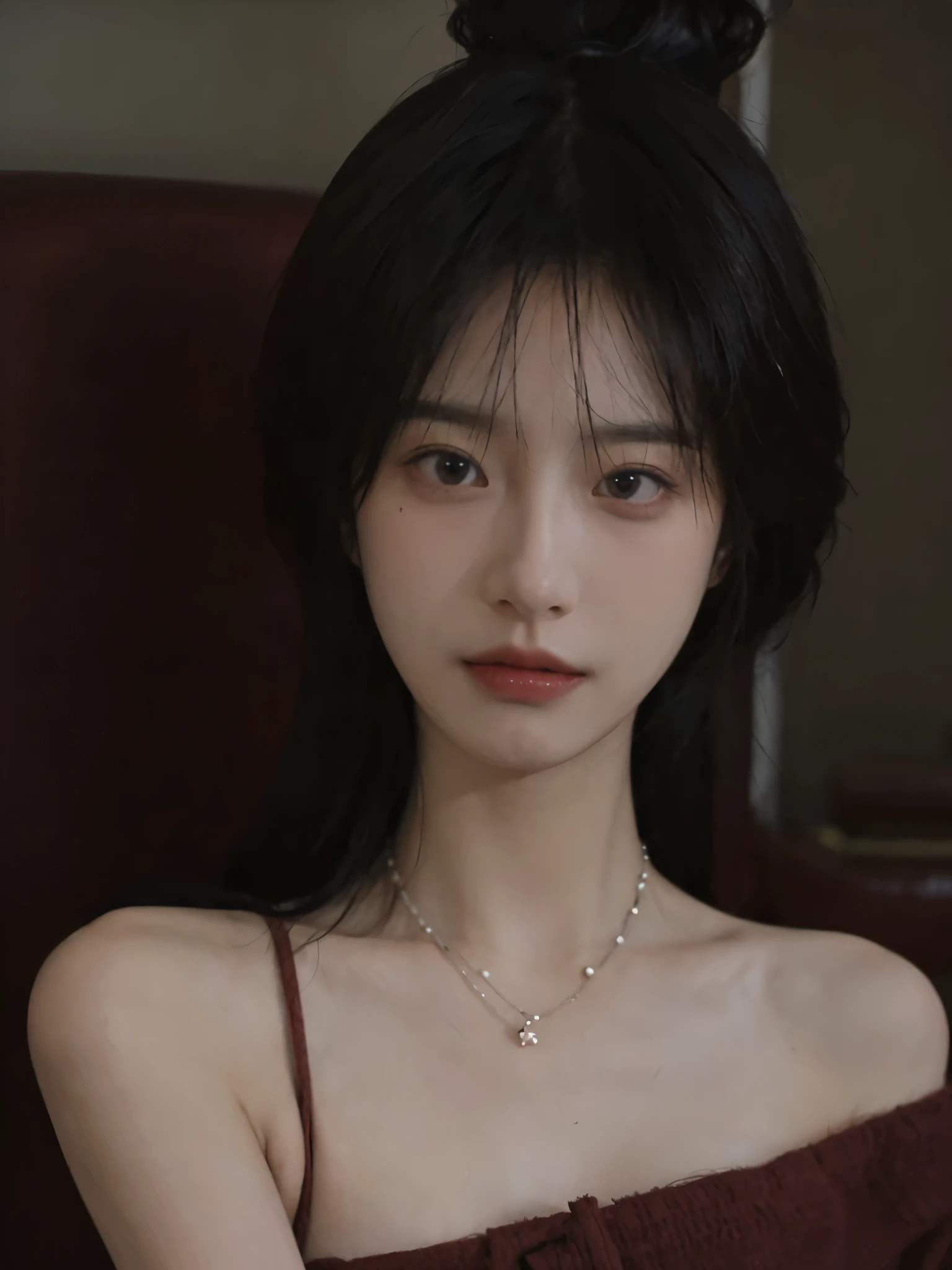 Film portrait photography, 2 girls, Bare shoulders,Lipstick,(flat chest:1.4), Wear a necklace,Cute expression,Exquisite makeup,Red suspenders,serene, calm, (Realistic and detailed eyes, Natural skin texture, Realistic facial details), Big breasts:1.6,Big Breasts,Soft dramatic lighting, Depth of Field, Bokeh, Vibrant details, Detailed and detailed, Surreal, 35mm film, hazy, ,