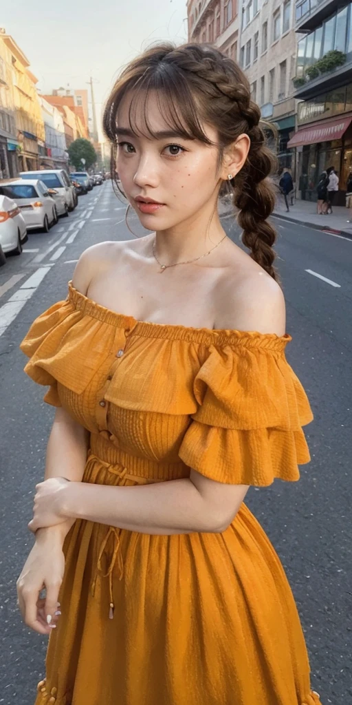 a woman posing on the street corner with orange dress on, best quality, 1girl, large breast, day, bright, blur background, bokeh, outdoor, (street:0.8), (people, crowds:0.8), (off-shoulder dress:1.2), gorgeous, (braided bangs:1.2), beautiful detailed sky, (dynamic pose:1.2), soft lighting, wind, shiny skin, (upper body:0.8), (freckles:0.8), mole under mouth, 