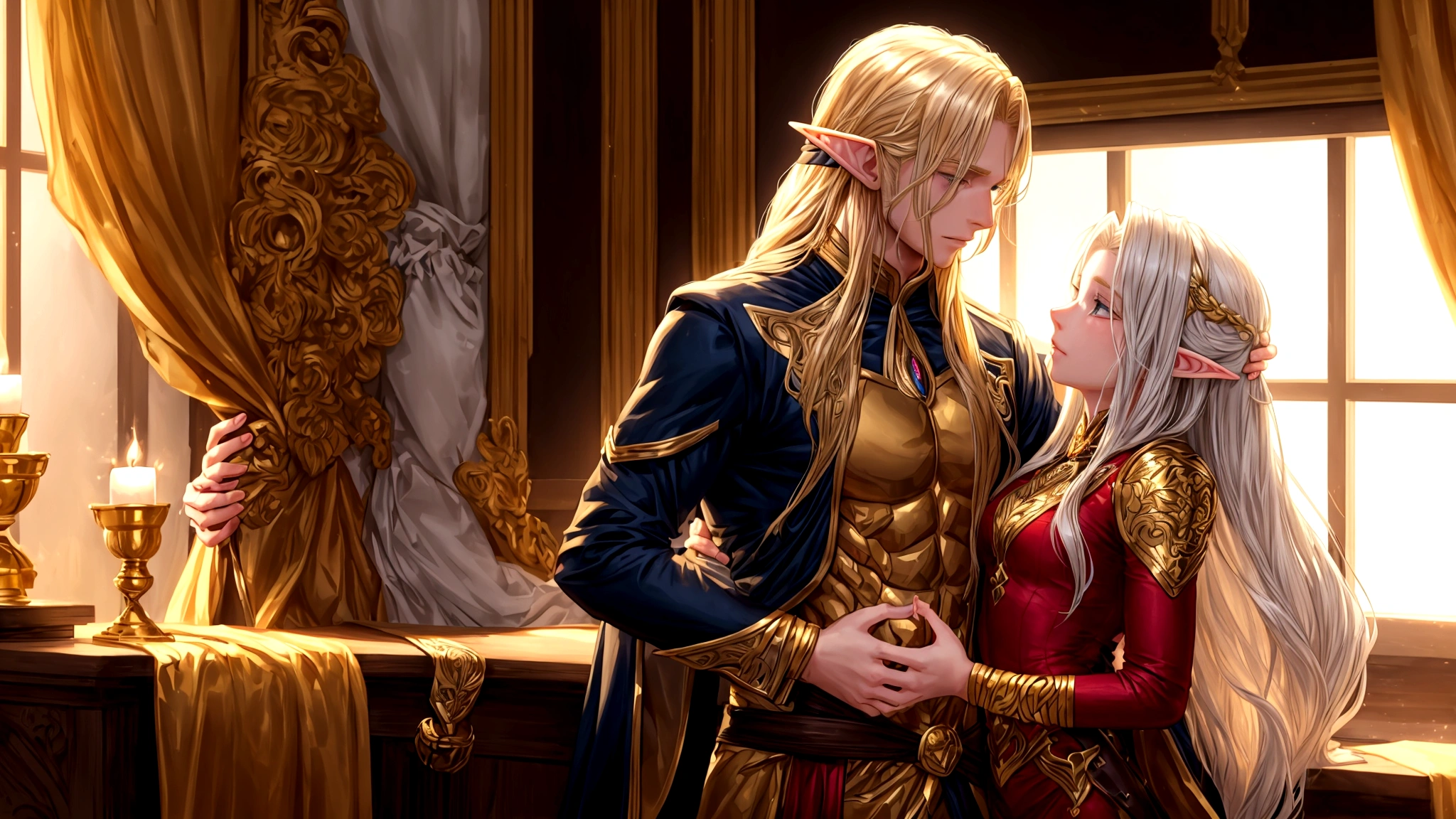 a guy with golden hair and masculine features holds a girl in his arms, two-room elf with long silver hair, blond guy with golden hair, boy with gold hair, HD, fantasy, romance