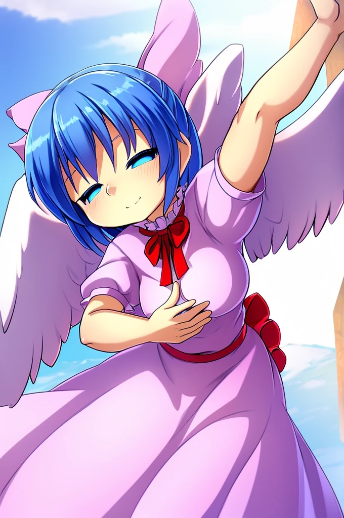 masterpiece, best quality, 1girl, , , , medium blue hair, hair flaps, pink ribbon on head, well-formed face, blue eyes, angel girl, white blouse, puffy short sleeves, red ribbon, angel wings, long white skirt, red shoes, frills, ribbon head, from behind, to lift up one’s skirt, cowboy shot, from front, standing , raise one leg, crossed arms, arms up behind, arms behind back, hand between legs, put hands hip, one hand on hip, forward hands, arms raised in the air, punch hands, peace sign, waving, put up index finger, sit, lie down, closed eyes, lie face down, looking back, put one hand chest, leaning forward, cleavage, close up, horizontally outstretched arms, horizontally outstretched legs, front view, front face