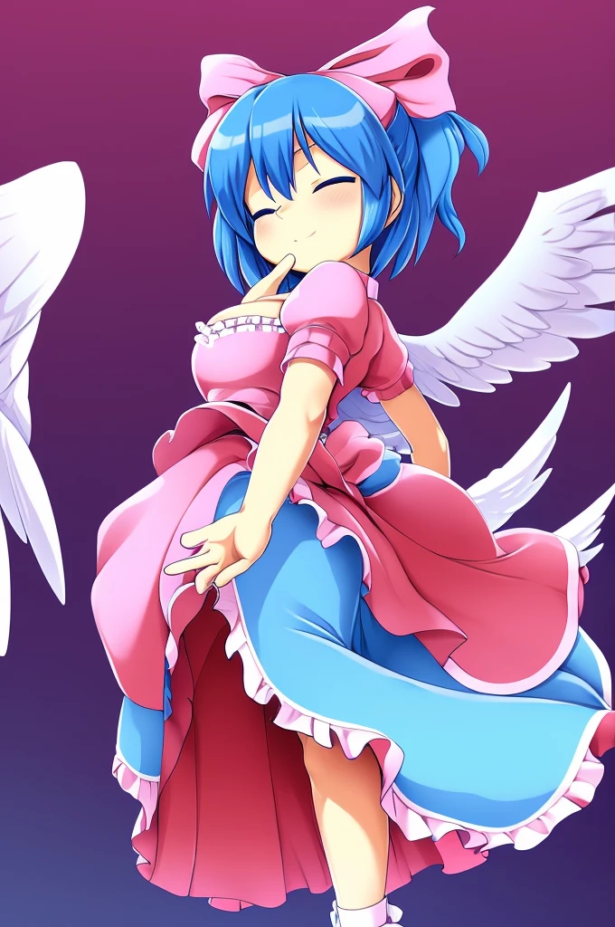 masterpiece, best quality, 1girl, , , 10 years old, medium blue hair, hair flaps, pink ribbon on head, well-formed face, blue eyes, angel girl, white blouse, puffy short sleeves, red ribbon, angel wings, long white skirt, red shoes, frills, ribbon head, from behind, to lift up one’s skirt, cowboy shot, from front, standing , raise one leg, crossed arms, arms up behind, arms behind back, hand between legs, put hands hip, one hand on hip, forward hands, arms raised in the air, punch hands, peace sign, waving, put up index finger, sit, lie down, closed eyes, lie face down, looking back, put one hand chest, leaning forward, cleavage, close up, horizontally outstretched arms, horizontally outstretched legs, front view, front face