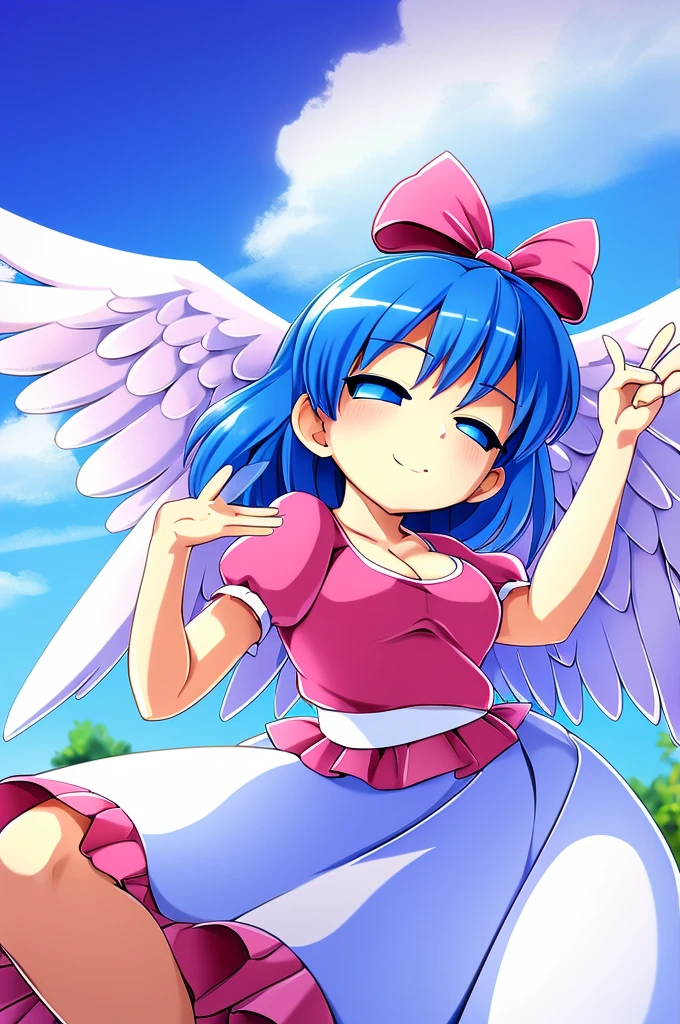 masterpiece, best quality, 1girl, , , , medium blue hair, hair flaps, pink ribbon on head, well-formed face, blue eyes, angel girl, white blouse, puffy short sleeves, red ribbon, angel wings, long white skirt, red shoes, frills, ribbon head, from behind, to lift up one’s skirt, cowboy shot, from front, standing , raise one leg, crossed arms, arms up behind, arms behind back, hand between legs, put hands hip, one hand on hip, forward hands, arms raised in the air, punch hands, peace sign, waving, put up index finger, sit, lie down, closed eyes, lie face down, looking back, put one hand chest, leaning forward, cleavage, close up, horizontally outstretched arms, horizontally outstretched legs, front view, front face