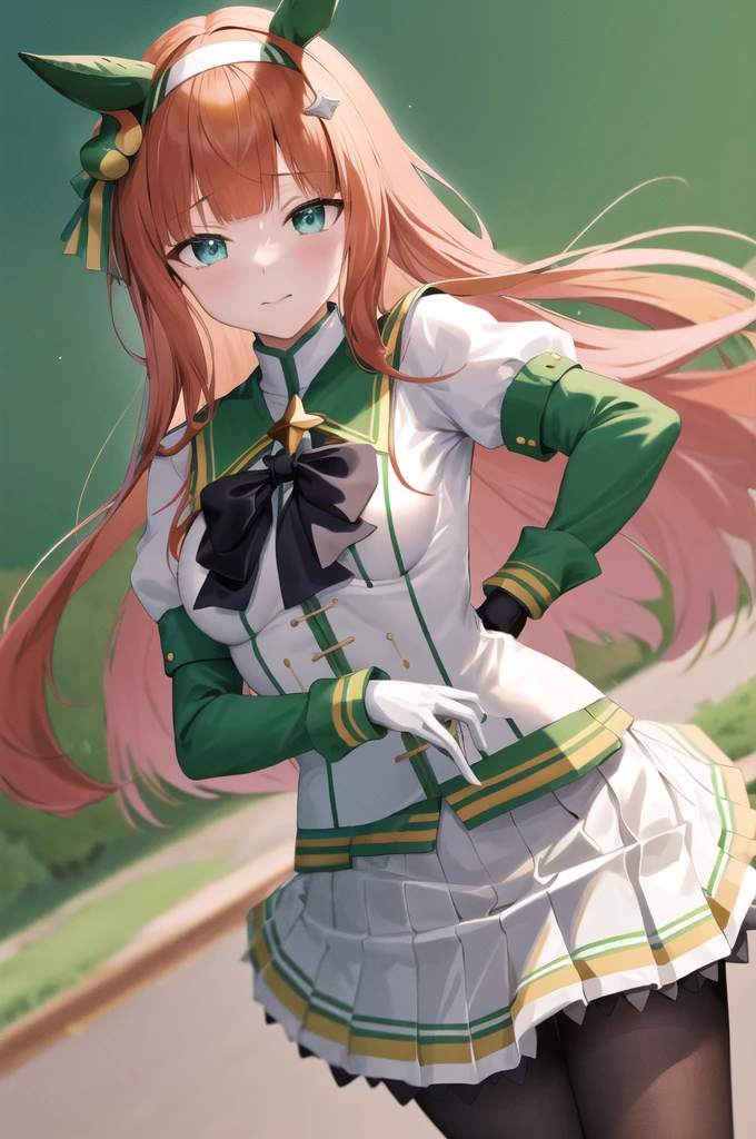 best quality, highest quality, 4K,aasuzuka, NSFW, sex, jacket lift, small breast, long hair, animal ears, ear covers, white hairband, horse tail, green sailor collar, black bow, white shirt, layered sleeves, green sleeves, black gloves, white skirt, black pantyhose