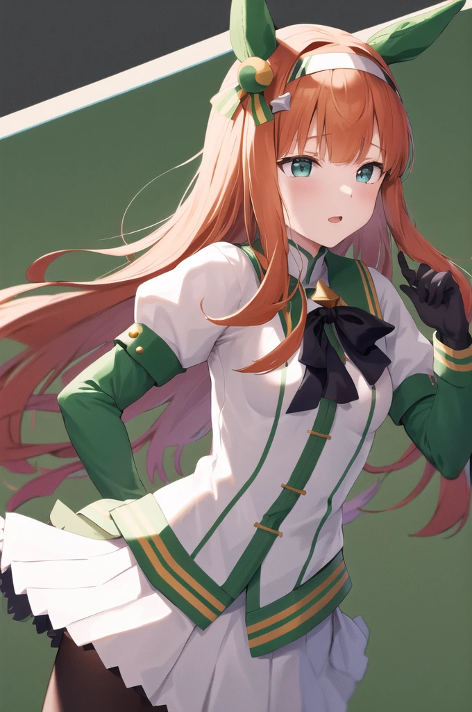 best quality, highest quality, 4K,aasuzuka, NSFW, sex, jacket lift, small breast, long hair, animal ears, ear covers, white hairband, horse tail, green sailor collar, black bow, white shirt, layered sleeves, green sleeves, black gloves, white skirt, black pantyhose