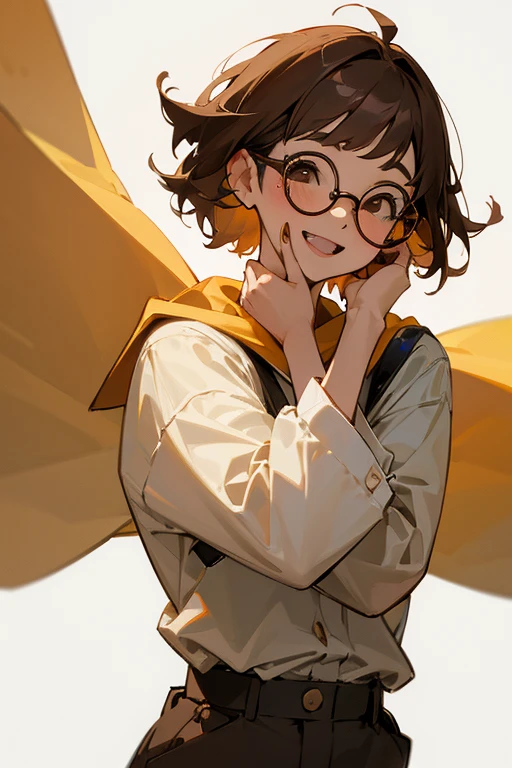 A girl, brown short hair, brown eyes, she is wearing glasses closed her YouTube channel, laughing happily