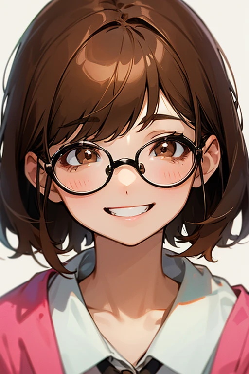A girl, brown short hair, brown eyes, she is wearing glasses closed her YouTube channel, laughing happily
