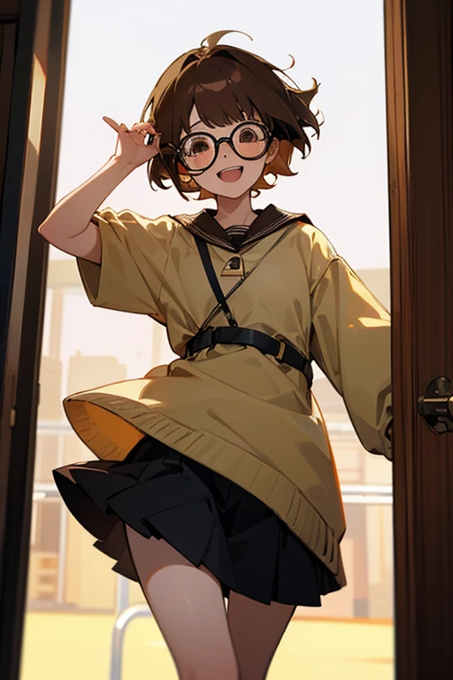 A girl, brown short  hair, brown eyes, she is wearing glasses closed her YouTube channel, laughing happily