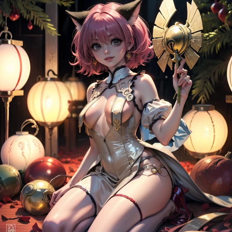 Ichigo Momomiya, Tokyo Mew Mew, short hair, pink hair, ornament hair, cat ears, perfectly body, perfectly hands, flowing hair, maid, maid dress, maid headdress, maid apron, white apron, holding a lantern, Chinese lantern, shrine scenery, red roses on focus, gold lantern, Chinese style, Chinese maid dress, marsala dress, more details on her clothes, black dress with transparency, golden details, night, smiling, ((4k, masterpiece, top-quality)),8k, best quality, high resolution, HD, (illustration:0.8), super cute girl, delicate and beautiful face, mature girl, super cute hairstyle, (beautiful detailed eyes:1.6), extremely detailed face, perfect lighting, extremely detailed CG, (perfect hands, perfect anatomy), Best quality, cleavage, small skirt, full Body, two arms, two legs, two hands, five fingers
