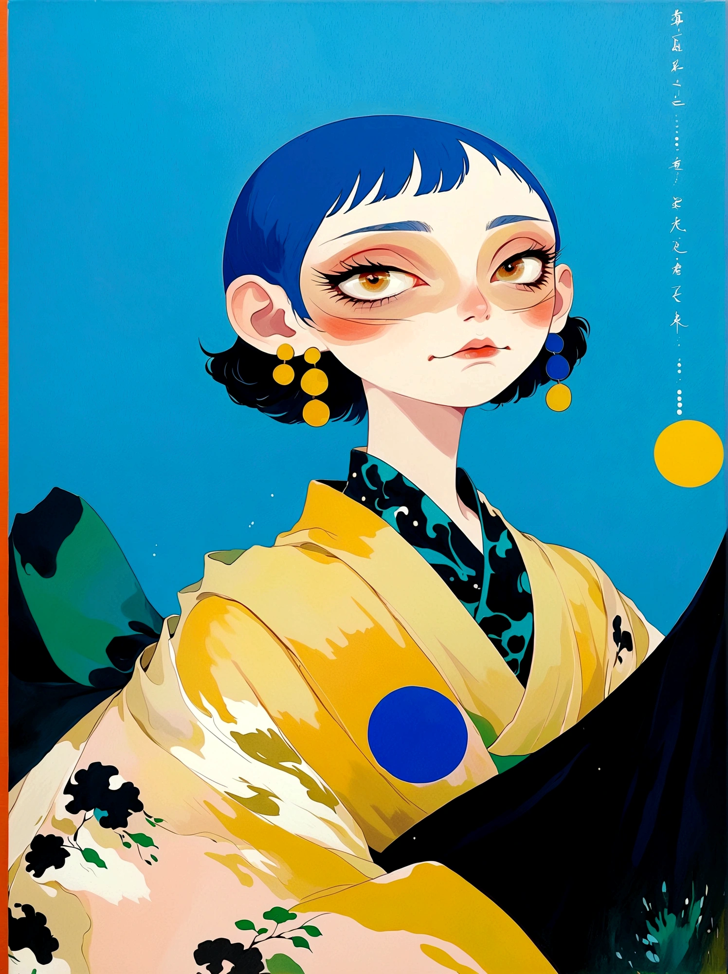 girl，Blue short hair，Japanese clothing，Japanese horror style Japanese pop surrealism, author：Yukika Kosaka, Nguyen Gia and Joao Nguyen, 
