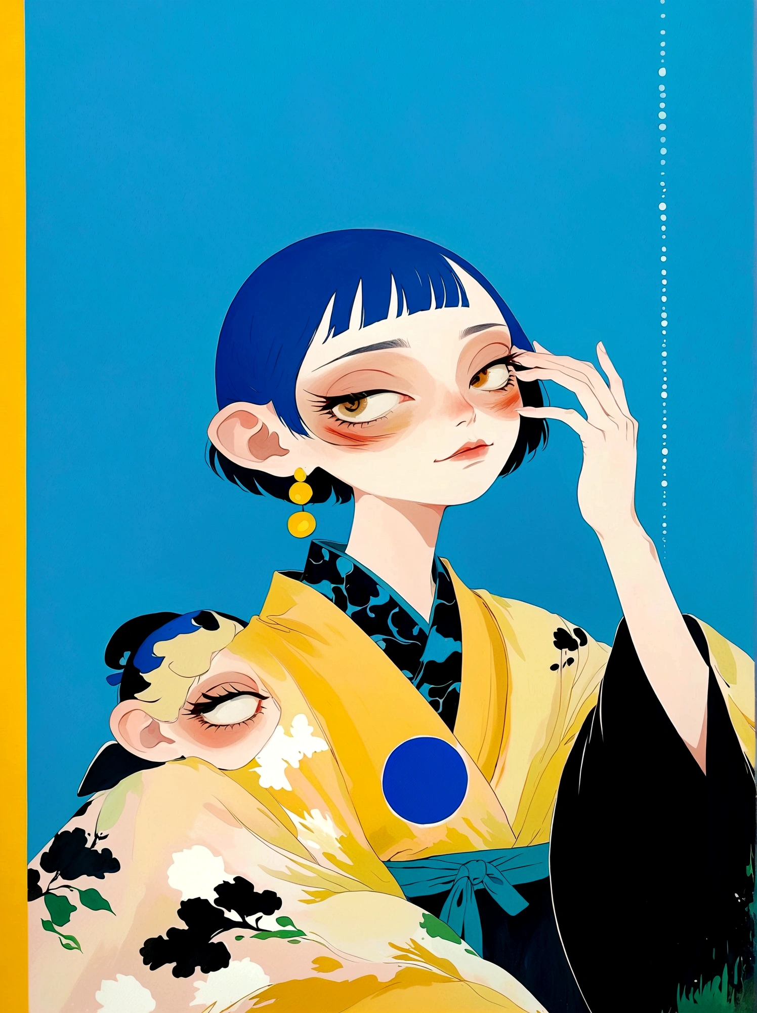 girl，Blue short hair，Japanese clothing，Japanese horror style Japanese pop surrealism, author：Yukika Kosaka, Nguyen Gia and Joao Nguyen, 
