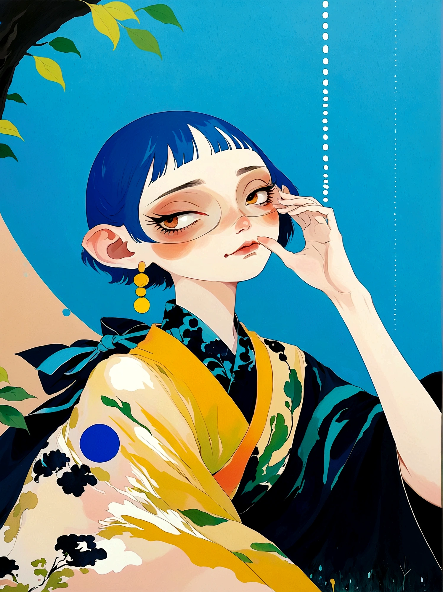 girl，Blue short hair，Japanese clothing，Japanese horror style Japanese pop surrealism, author：Yukika Kosaka, Nguyen Gia and Joao Nguyen, 
