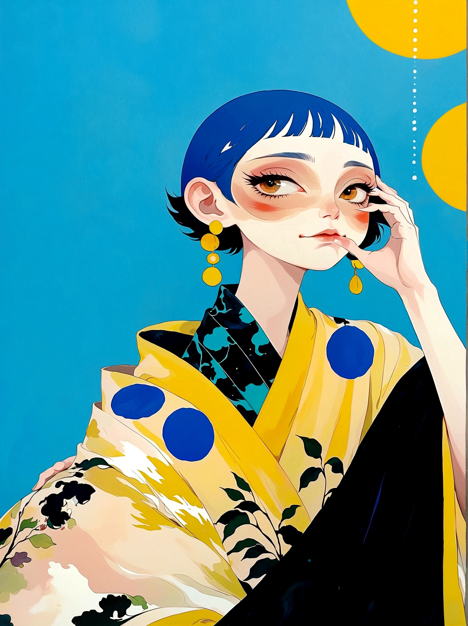 girl，Blue short hair，Japanese clothing，Japanese horror style Japanese pop surrealism, author：Yukika Kosaka, Nguyen Gia and Joao Nguyen, 
