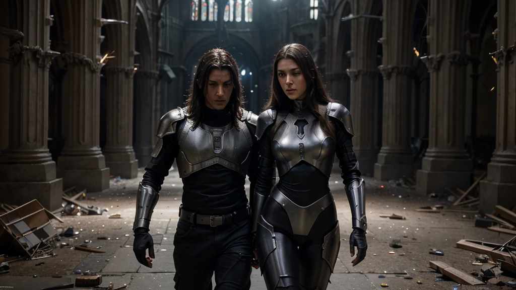 2 young female with dark hair, 1 handsome young male with 2block haircut, fusion of sacred and secular images, shattered chains and fluid forms, symbols of life, death and continuity, contrasting textures of mechanical and organic elements, photorealistic, ultra-detailed, 8K resolution, cinematic dramatic Composition, atmospheric, ultra-detailed, 8K resolution --ar 16:9 --stylized 1000 --chaos 30 --V 5