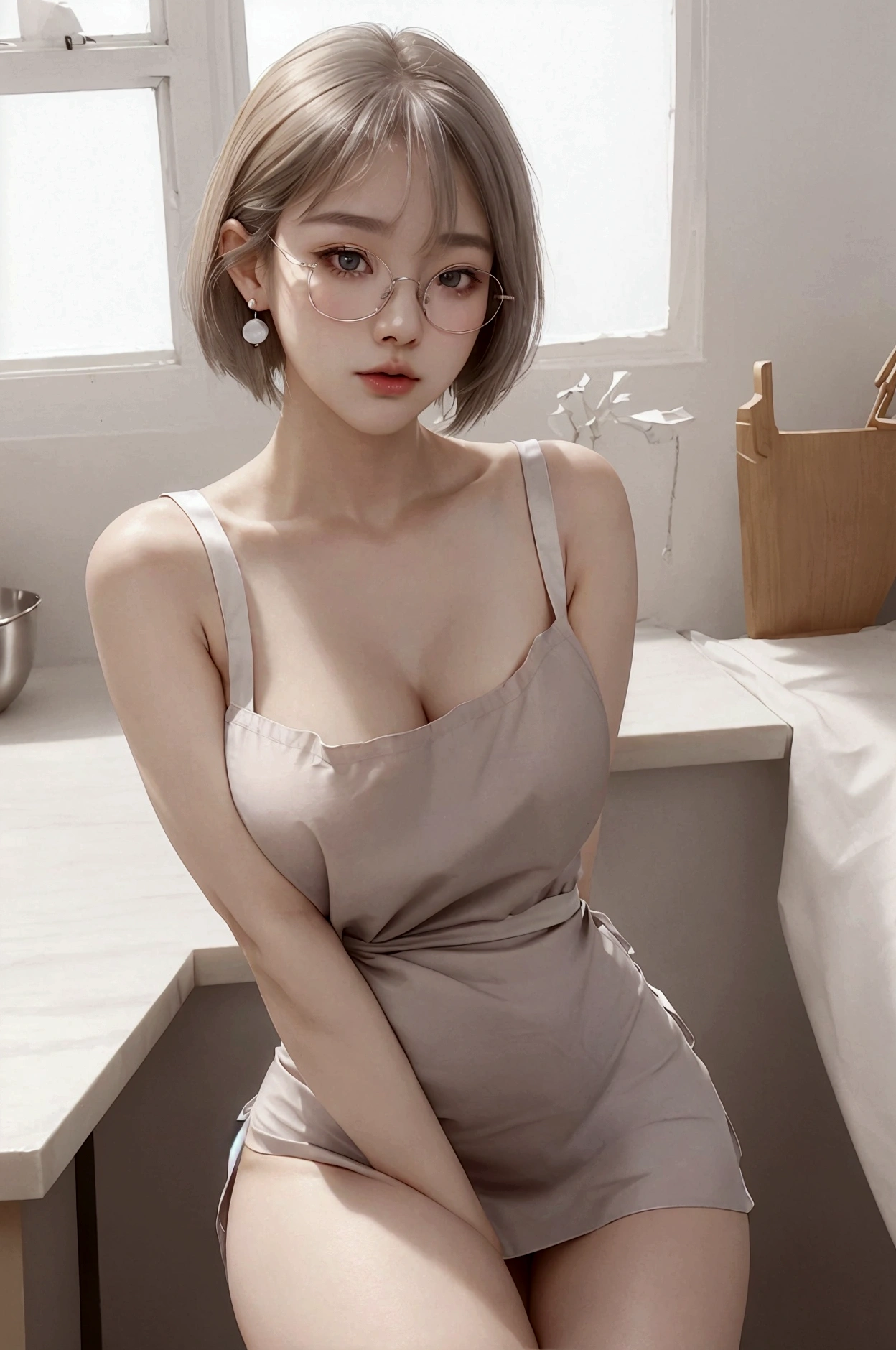 Top image quality、Raw photography、超A high resolution、18-year-old Korean、Glasses beauty、Colossal tits:1.5、cleavage of the breast:1.5、Healthy complexion、shiny white skin、(short cut hair)、((Light brown silver hair))、Beautiful eyes with random colors、very thin lips、beautiful eyes finely detailed、elongated eyes、pale pink blush、long eyeslashes、Beautiful double eyelids、eyeshadows、earrings、Beautiful skin、Healthy skin、(Fashionable glasses、Wearing _kitchin_apron、Broken white micro apron、Bare small apron、protruding outer chest,,,,,,、Beautiful legs、Attractive thighs)、(slightly thicker thighs、Sit in the kitchen)
