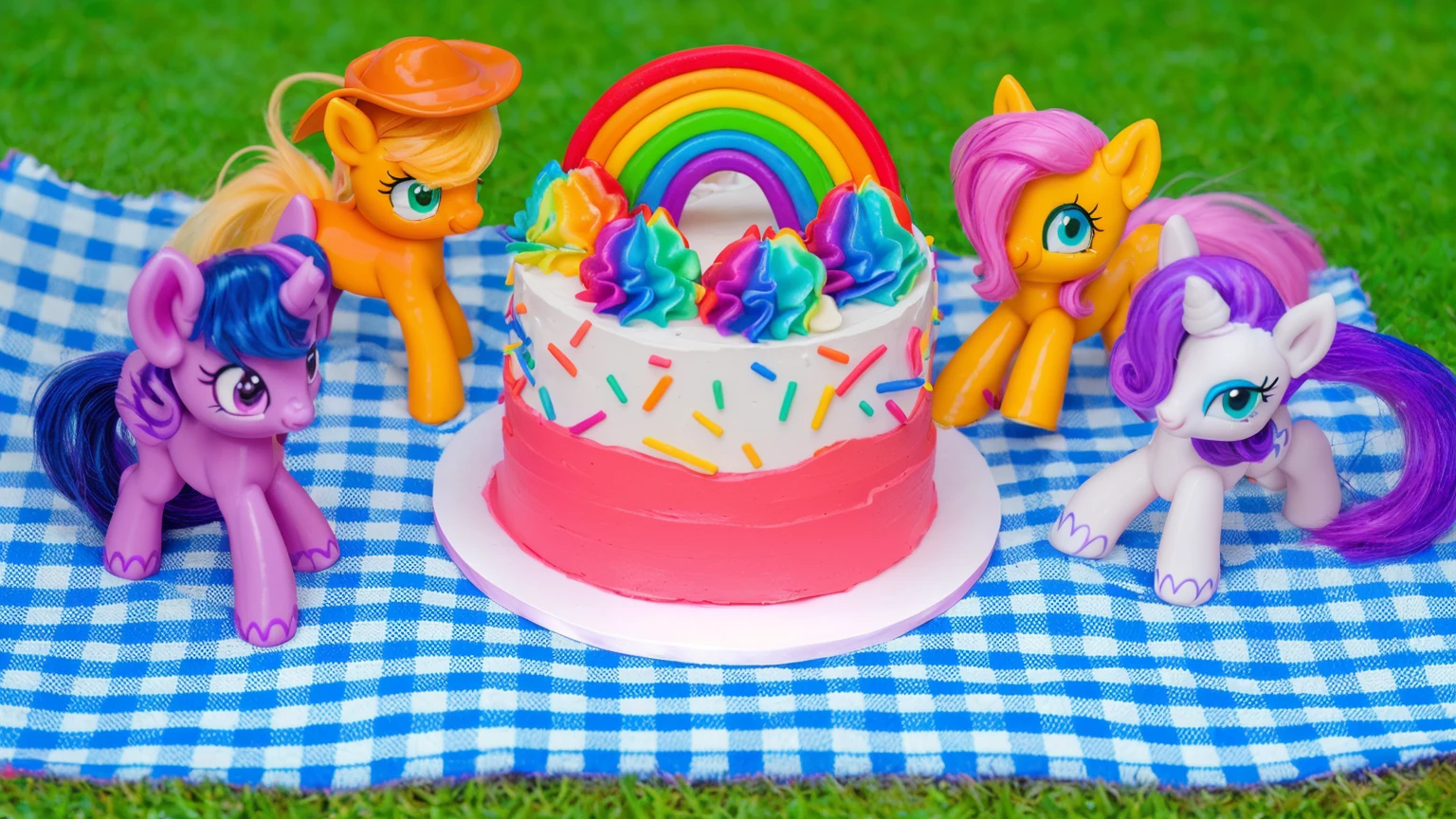 on the grass, on a pink checkered tablecloth. there is a white plate with cake, white and pink cream cake, Rainbow confectionery powder on the cake, top rainbow gradient cream, polymer clay rainbow, рядом стоят пластиковые pony toys из мультфильма My Little Pony, pony toys, purple pony with wing and horn, orange pony with hat and yellow hair, yellow pony with pink hair and wing, white pony with purple hair and horn. beautiful light, sunlight, sunny day, beautiful lighting, bright announcement, several light sources, Realistic style, realistic textures, high quality, high detail, detailed texture, ultra 4k hd