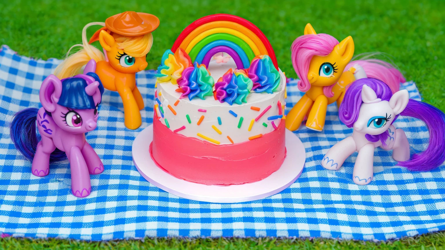 on the grass, on a pink checkered tablecloth. there is a white plate with cake, white and pink cream cake, Rainbow confectionery powder on the cake, top rainbow gradient cream, polymer clay rainbow, рядом стоят пластиковые pony toys из мультфильма My Little Pony, pony toys, purple pony with wing and horn, orange pony with hat and yellow hair, yellow pony with pink hair and wing, white pony with purple hair and horn. beautiful light, sunlight, sunny day, beautiful lighting, bright announcement, several light sources, Realistic style, realistic textures, high quality, high detail, detailed texture, ultra 4k hd