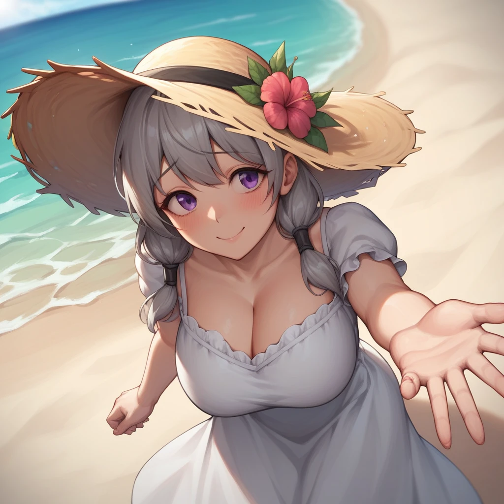 Highest quality, masterpiece, , ,short, Huge breasts, Gray Hair,Low twin tails, Purple eyes, Yukinecris, Thin twin tails,, Beach, Ocean, White Dress, White Skirt, White dress, Straw hat,  (((shy))), (Happy), Leaning forward, summer, From above, Reaching out, smile,