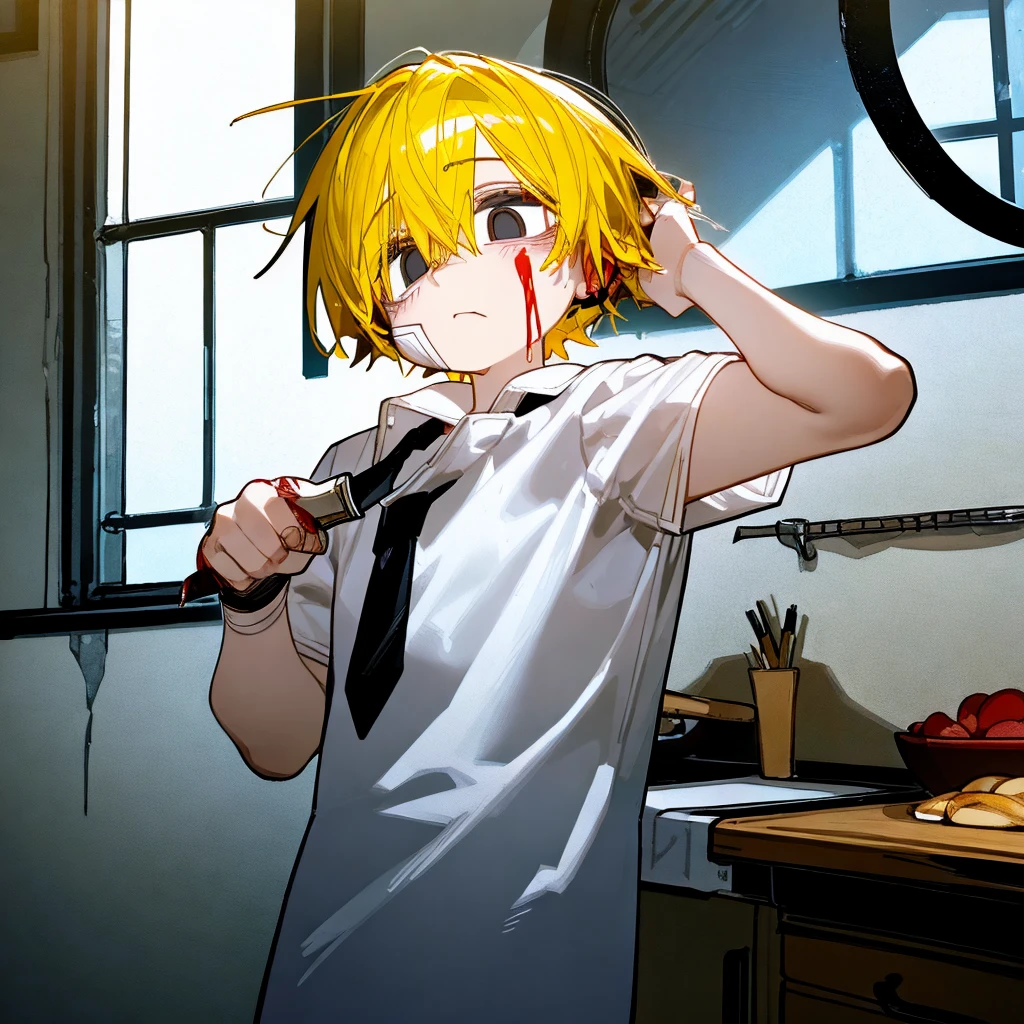 A man with yellow hair, mental issue, with lots of blood!!!!!!, wear a shabby white shirt, Night time, holding a knife , terrifying 